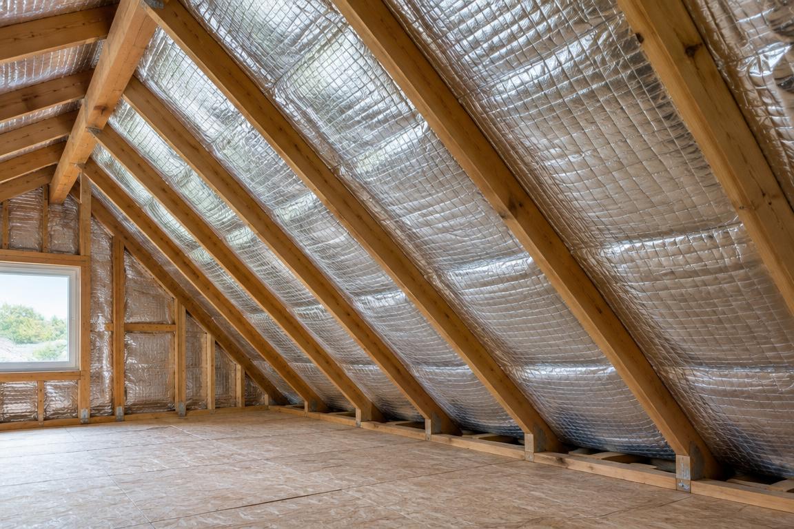 Illustrative attic installation with silver reflective insulation along the roof rafters