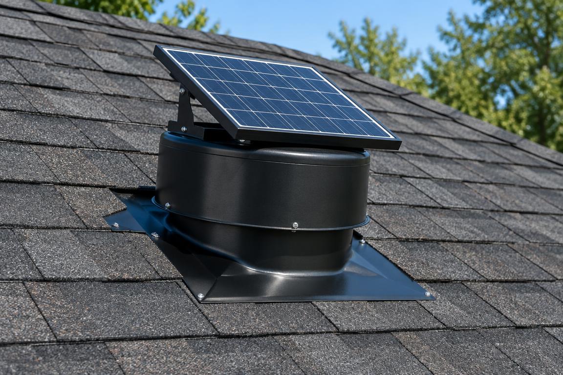 Illustrative roof-mounted attic ventilation fan powered by an attached solar panel